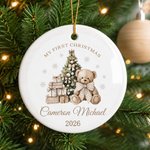 Décoration de Noël personnalisée en céramique pour sapin de Noël : ours en peluche « Premier Noël de bébé » avec prénom et année – Décoration d'intérieur et cadeau de Noël pour un nouveau-né 3