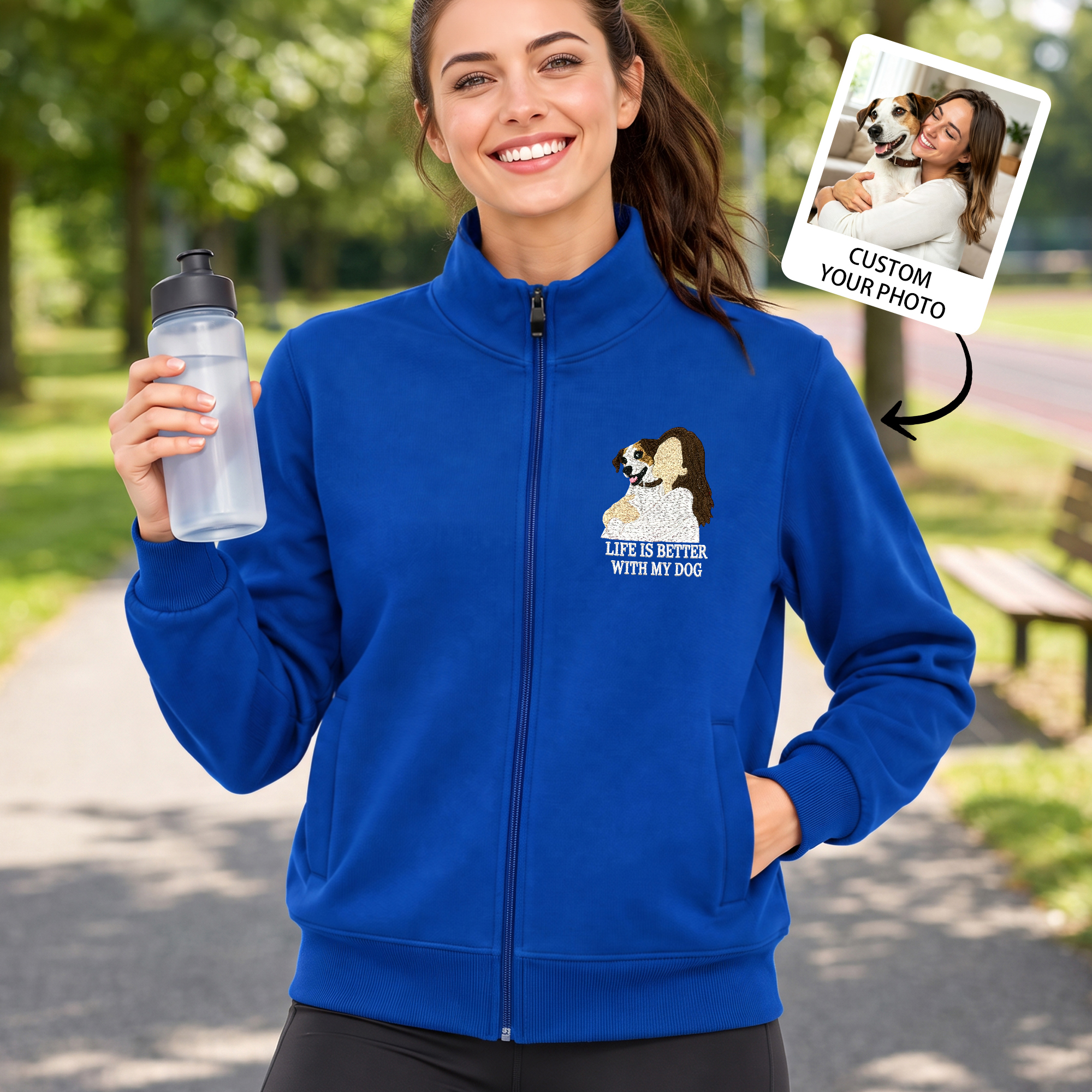 Individuell gestaltete, mehrfarbig bestickte Jacke mit Foto von Hund, Katze oder anderem Haustier sowie Text – Geschenk zum Geburtstag, zur Adoption oder zum Jahrestag für Tierliebhaber und Tierhalter
