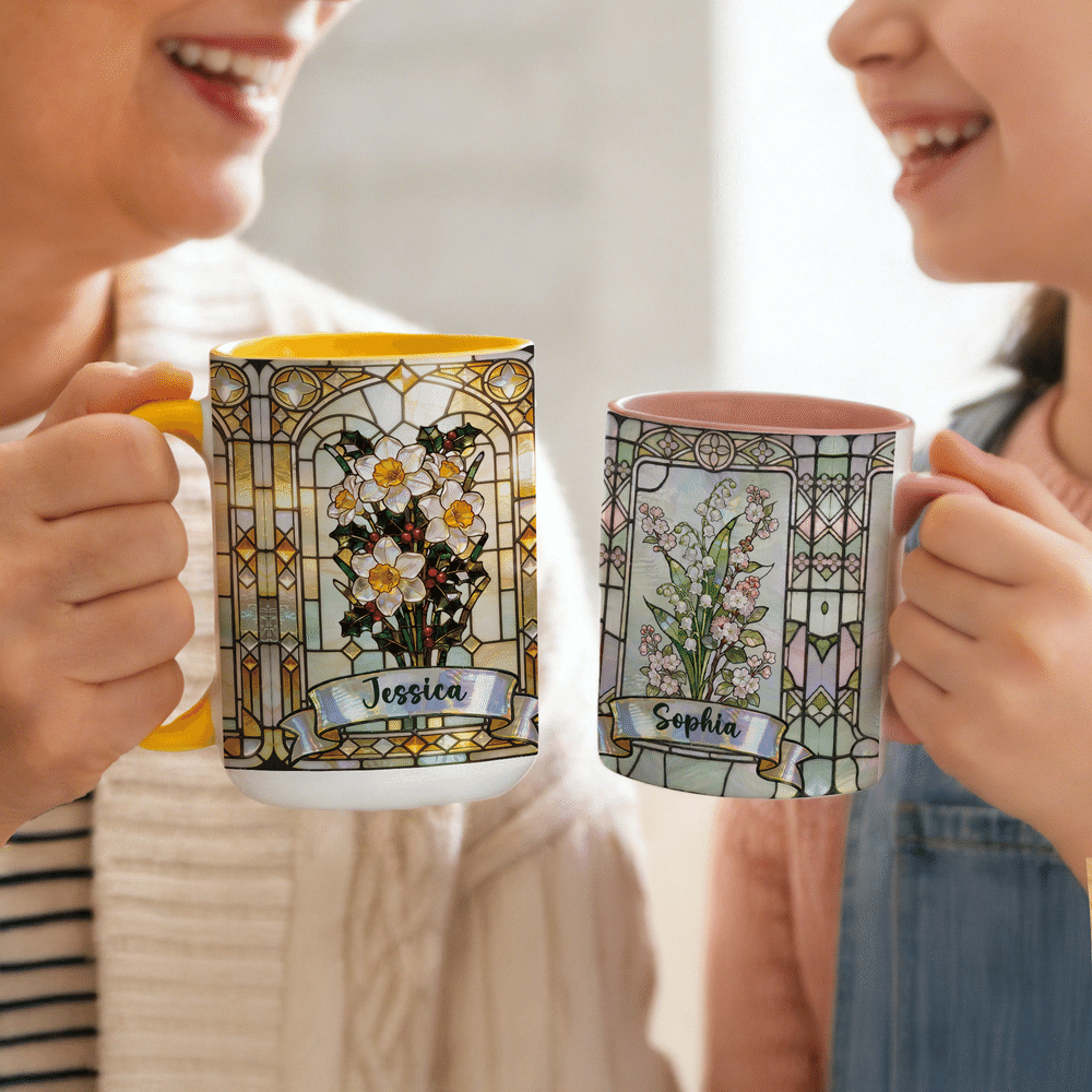 Personalised Stained Glass Birth Month Flower Mug with Coaster with Name Birthdays, Anniversaries Mother's Day Gift for Her 4