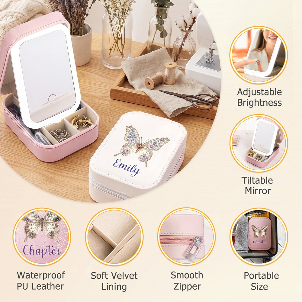Boîte à bijoux personnalisée en cuir PU sur le thème des papillons et des fleurs de naissance, avec prénom et miroir de maquillage LED tricolore réglable – Cadeau d'anniversaire pour femme, à utiliser au quotidien 8