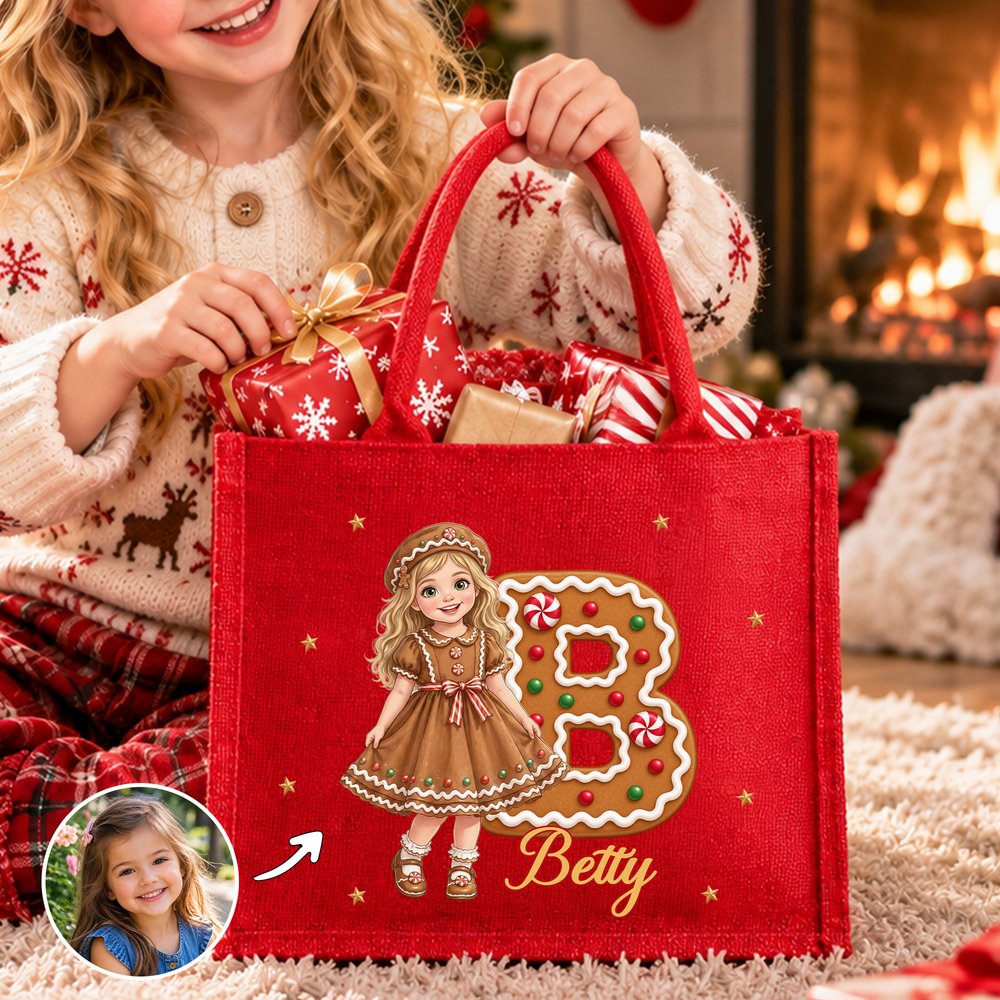 Personalized Cartoon Christmas Style 3D Character Photo Burlap Tote Bags with Name Christmas Eve Gift for Kids Girls Boys 2
