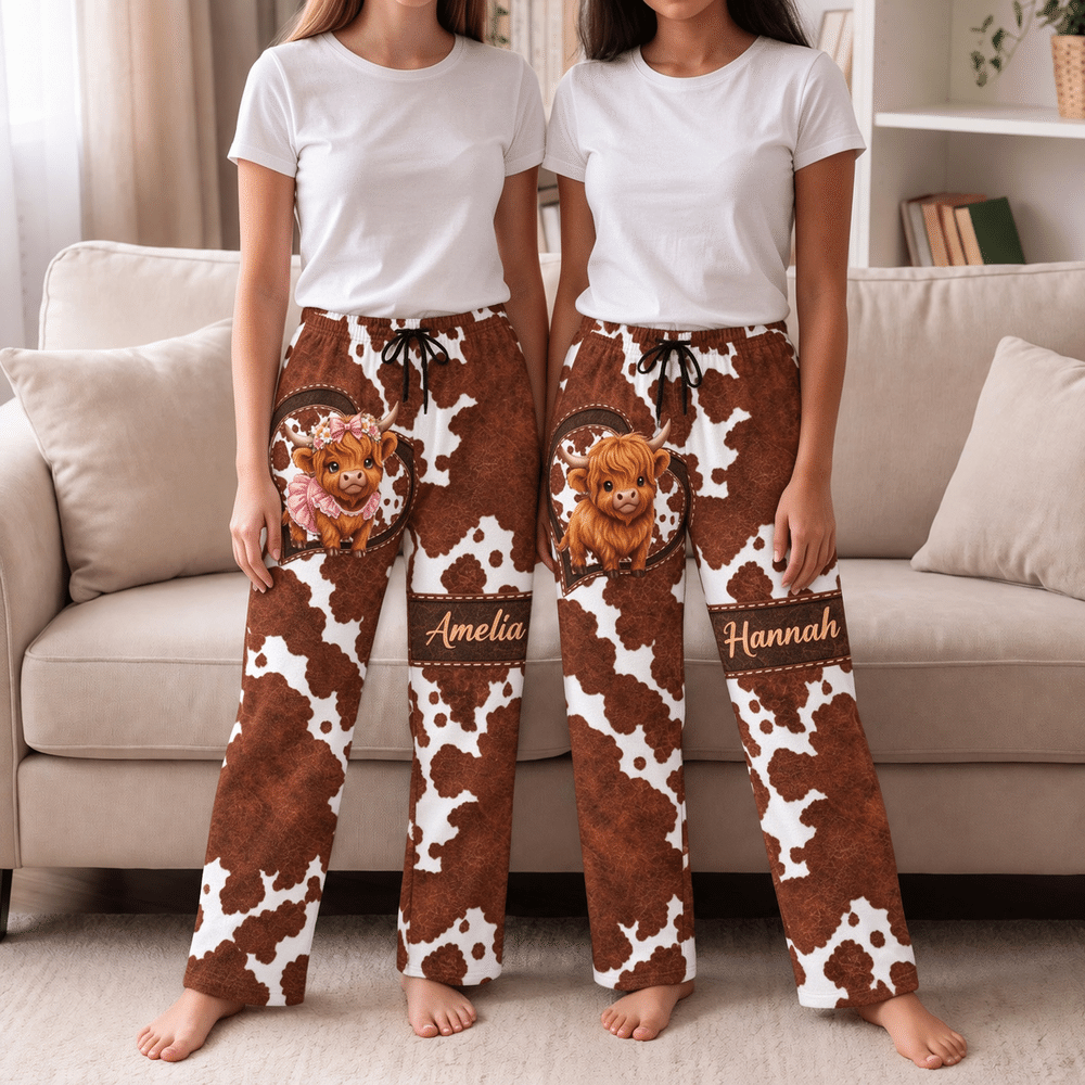 Pantalones de pijama suaves personalizados con diseño de vaca de las Highlands y nombre: regalo de cumpleaños o Navidad para el día a día, ideal para los amantes de las vacas de la familia 2