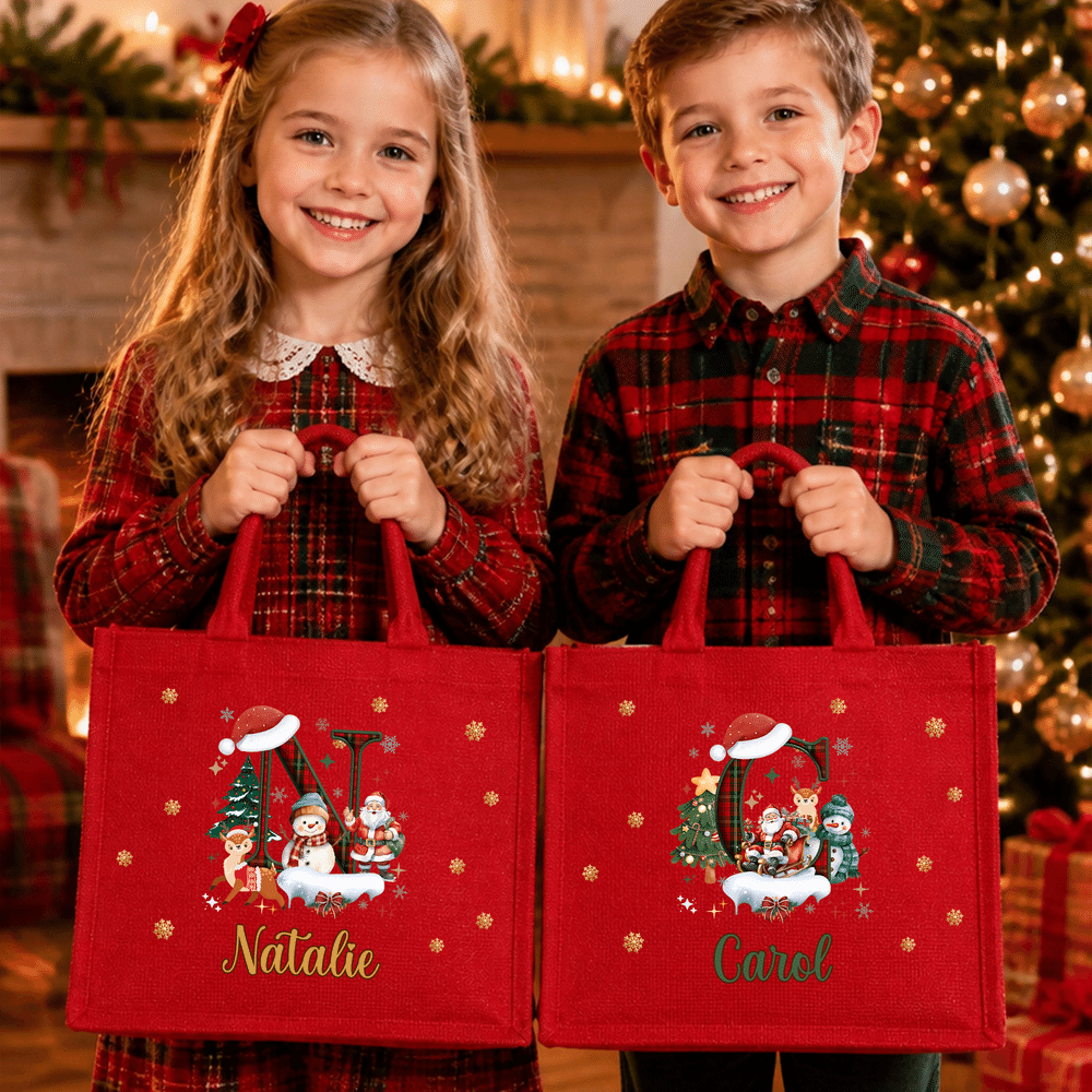 Personalized Christmas Theme Santa Snowman Reindeer Initial Red Jute Tote Bag with Name Christmas Holiday Gift for Family Friends Kids 2