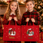 Personalized Christmas Theme Santa Snowman Reindeer Initial Red Jute Tote Bag with Name Christmas Holiday Gift for Family Friends Kids 2