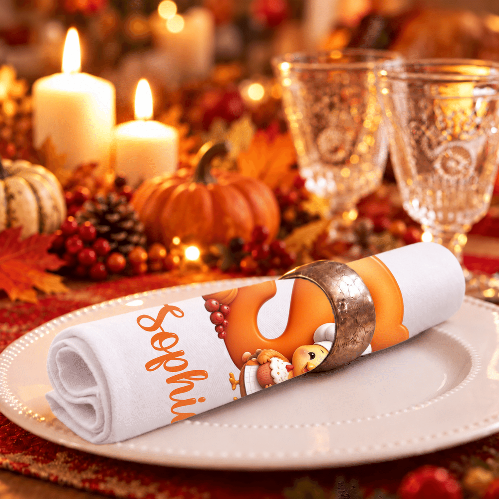 Servilleta personalizada de algodón 100 % con motivos de hojas, calabazas, un chef y un pavo pequeño, con inicial y nombre; regalo para el Día de Acción de Gracias o un cumpleaños, ideal para familiares y amigos 6