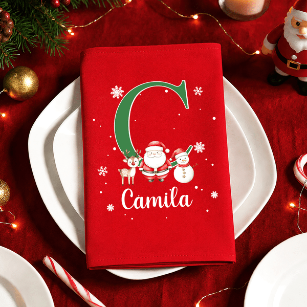 Personalized Santa Claus Snowman Reindeer Initial Christmas Red Napkin with Name Table Decor Christmas Gift for Family Friends