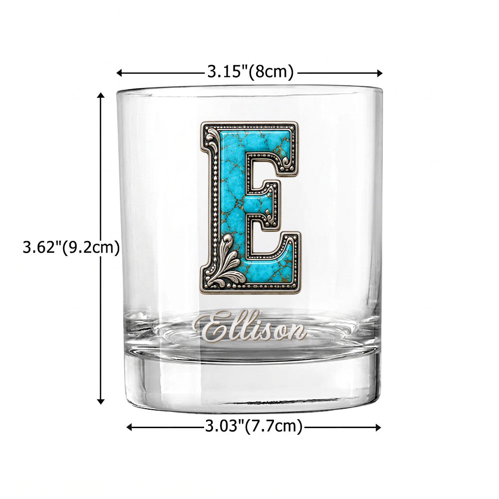 Personalized Turquoise Silver Scrollwork Style Initial 10 oz Whiskey Glass with Name Anniversary Birthday Gift for Cowboy Cowgirl 8