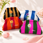 Personalized Birth Flower Stripe Pattern Large Capacity Makeup Pouch with Name Daily Use Travel Essential Birthday Gift for Women