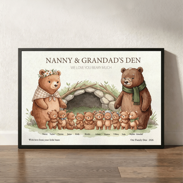 Personalised Bear Family Art Poster Framed Frameless Canvas Painting with Name and Title Home Decor Christmas Day Gift for Grandmother Family