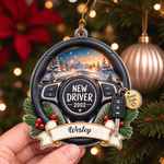Personalised Steering Wheel Pettern Design Acrylic Ornament with Name and Year Home Decor Drive Safe Christmas Gift for Car Owners