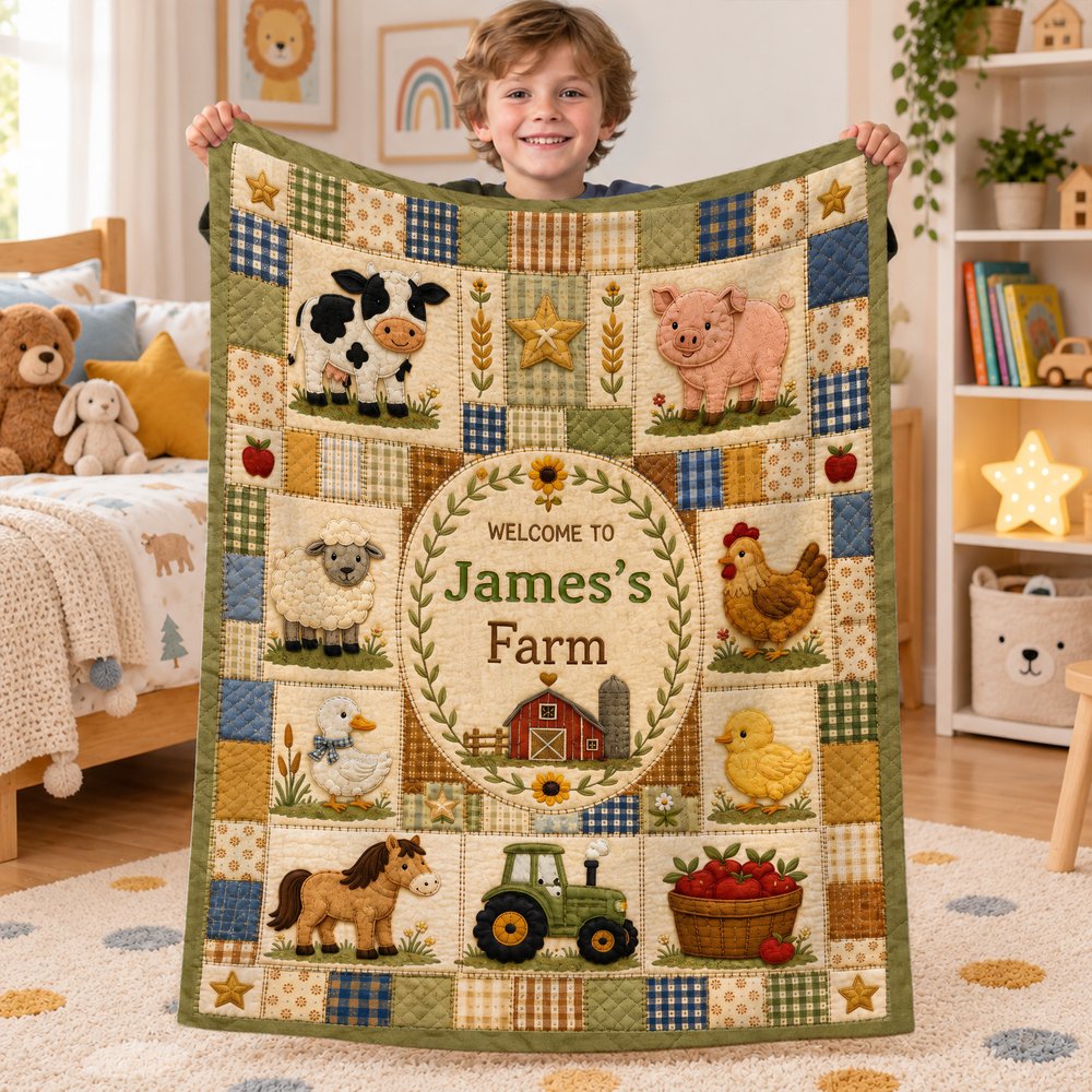 Personalised Farm Theme Cartoon Animals Soft Throw Blanket with Names Home Decor Christmas Baby Shower Birthday Gift for Newborn Parent 3