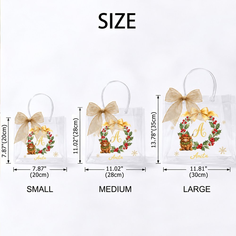 Personalised Highland Cow Christmas Wreath Transparent Gift Bag with Name Initial and Bow Christmas Gift for Family Children Highland Cow Lovers 7