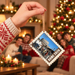 Décoration de Noël en bois personnalisée avec photo de voyage et tampon, ornement en forme d'arbre avec inscription – Cadeau d'anniversaire de mariage pour la famille ou les amis