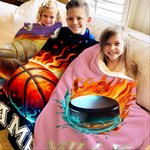 Personalized Flaming Basketball Hockey Sports Ball Design Soft Throw Blanket with Name and Number Birthday Match Day Gift for Team Ball Games Lovers
