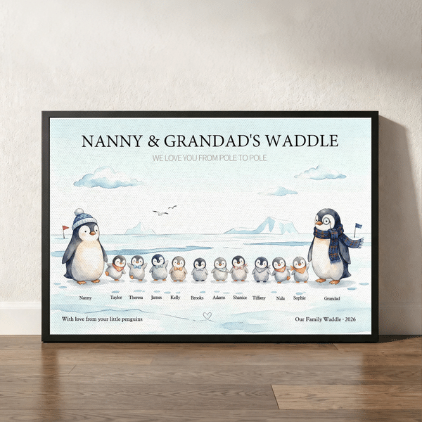 Personalised 1-10 Small Penguins Family Canvas Poster Framed Frameless Painting with Title and Year Home Decor Christmas Birthday Gift for Family