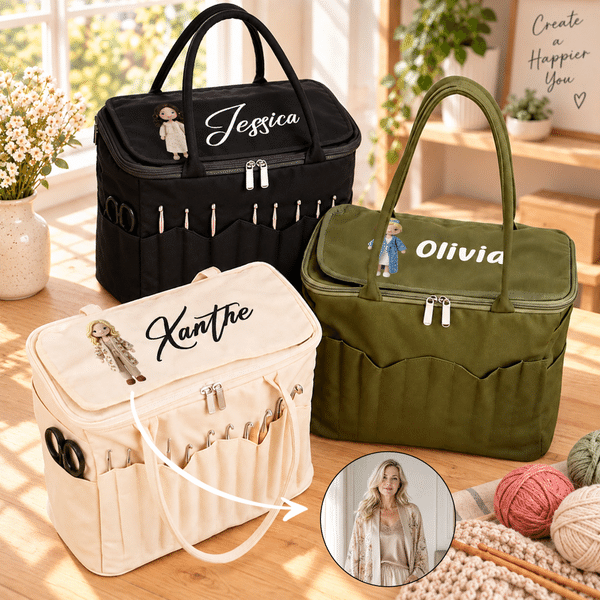 Bolso organizador de ganchillo de lona con múltiples bolsillos y diseño personalizado de muñeca de ganchillo, con foto y nombre: regalo de cumpleaños y Navidad para los amantes del ganchillo