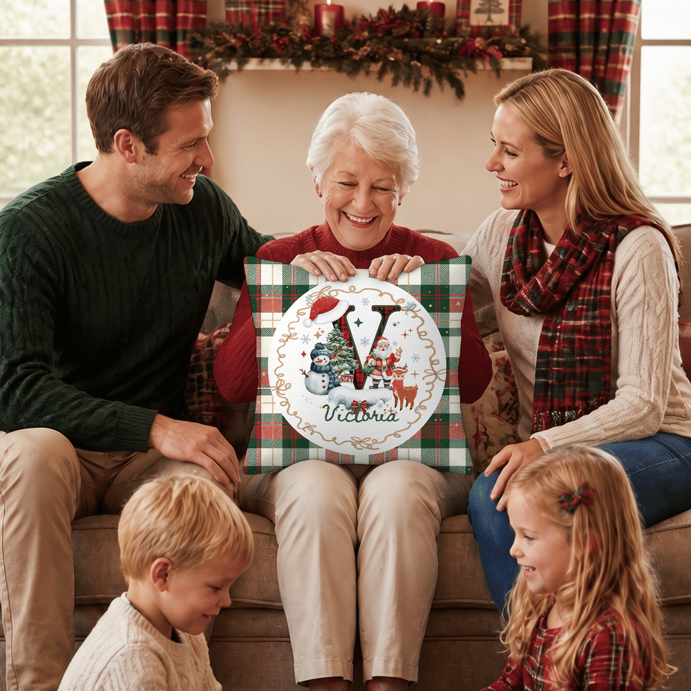 Personalized Santa Claus Plaid Initial Soft Throw Pillow Cover with Name Home Decor Christmas Gift for Family Friends 3