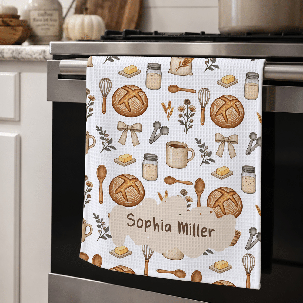 Torchon de cuisine personnalisé vintage sur le thème de la pâtisserie, du pain et des gaufres, avec inscription – Cadeau de pendaison de crémaillère ou d'anniversaire pour les passionnés de pâtisserie 9