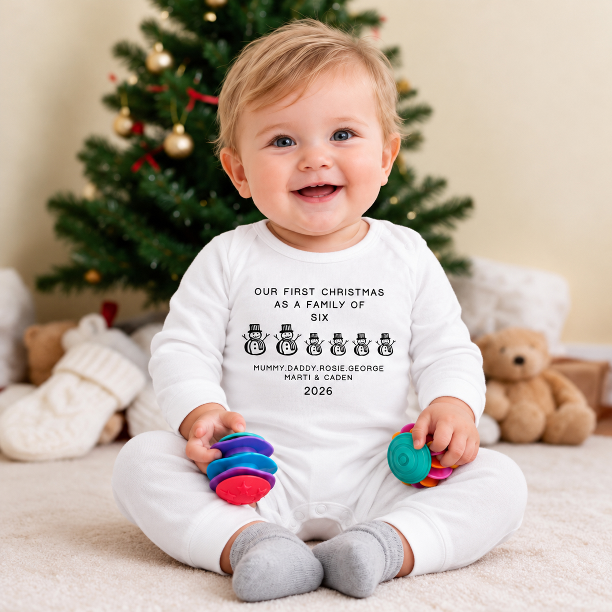 Personalized Line Art Christmas Theme 100% Cotton Baby Bodysuit Romper with Names and Year First Christmas Gift for Newborns New Parents