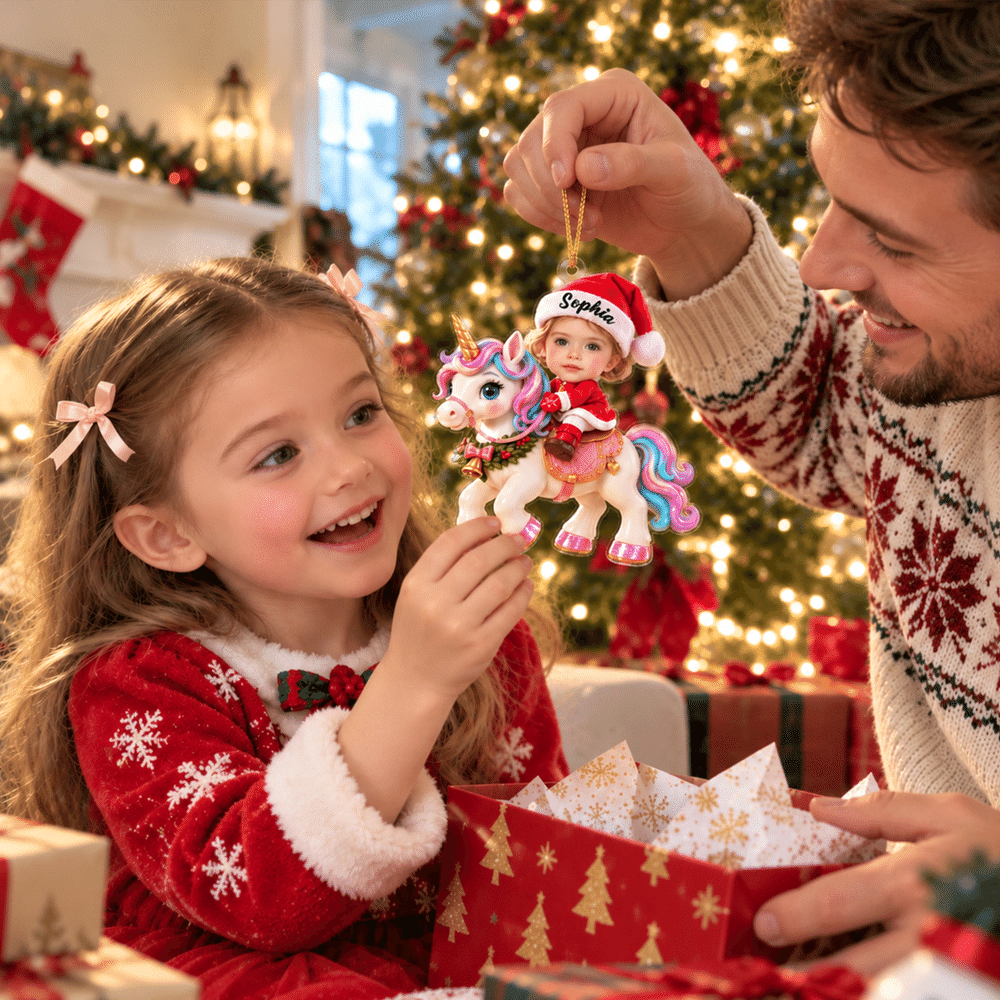 Décoration de Noël personnalisée en acrylique avec effet 3D : licorne et renne fantastiques, avec le prénom et la photo du visage de l'enfant – Décoration de sapin, cadeau de Noël pour les enfants et leurs amis 4
