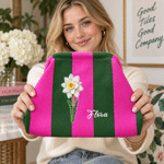 Personalized Birth Flower Stripe Pattern Large Capacity Makeup Pouch with Name Daily Use Travel Essential Birthday Gift for Women