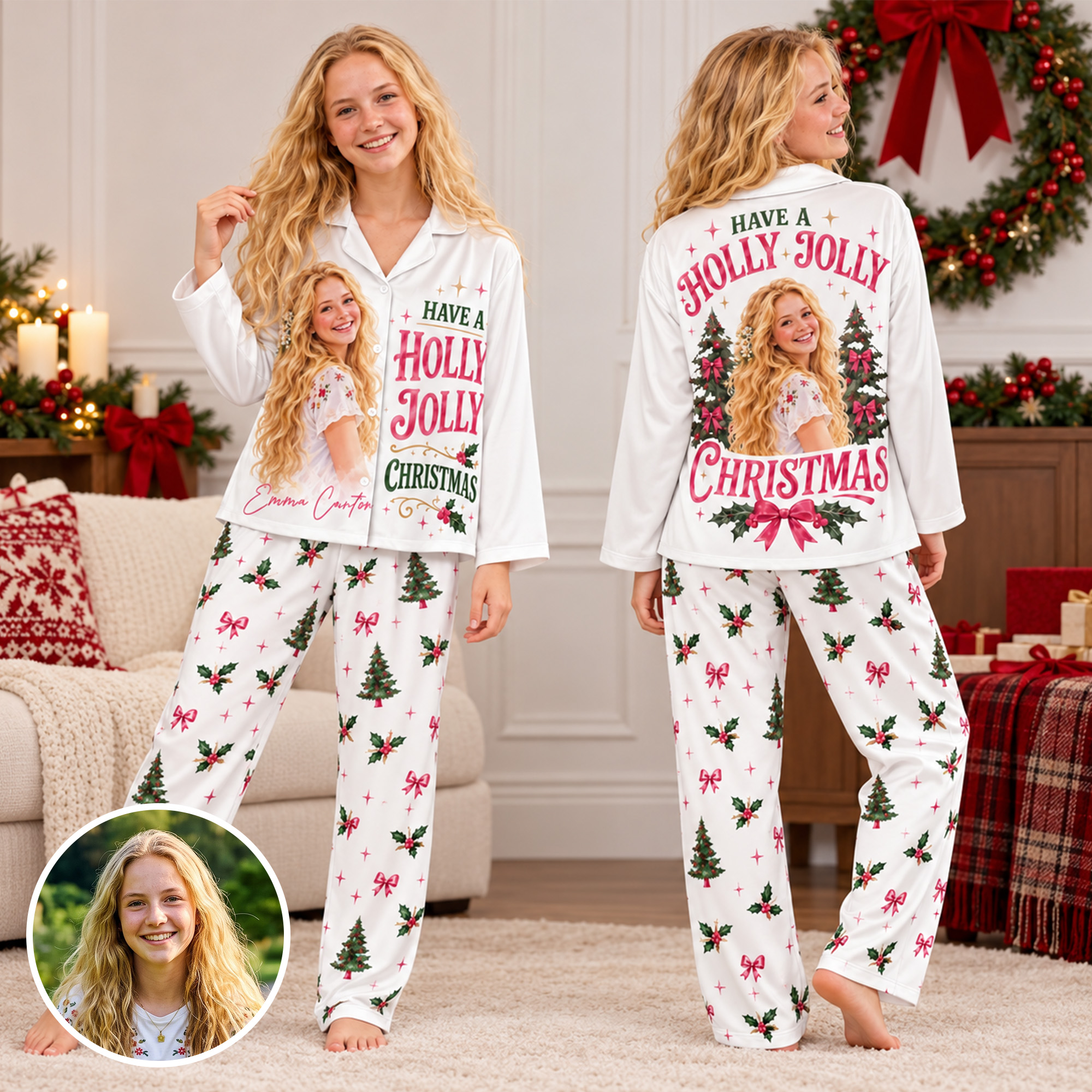 Personalised Have a Holly Jolly Christmas Tree Bow Vintage Portrait Long Sleeve Pyjama Set Pants with Photo and Name Christmas Gift for Women