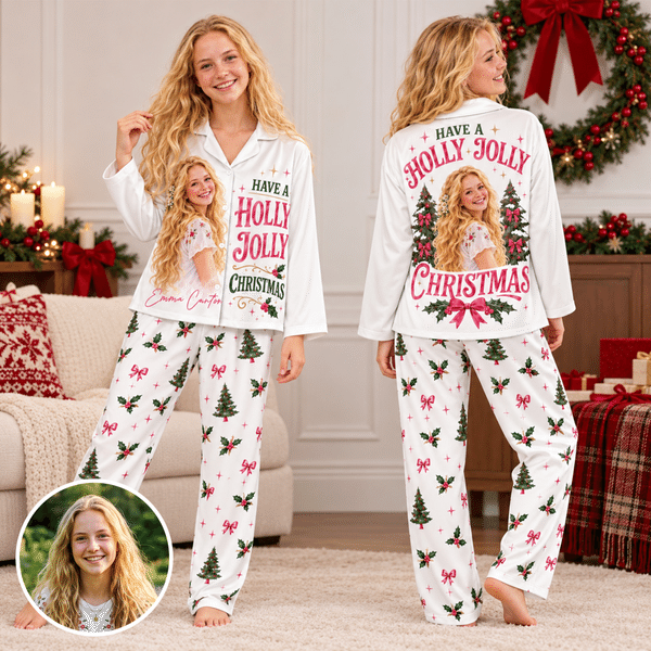 Personalized Have a Holly Jolly Christmas Tree Bow Vintage Portrait Long Sleeve Pajama Set Pants with Photo and Name Christmas Gift for Women