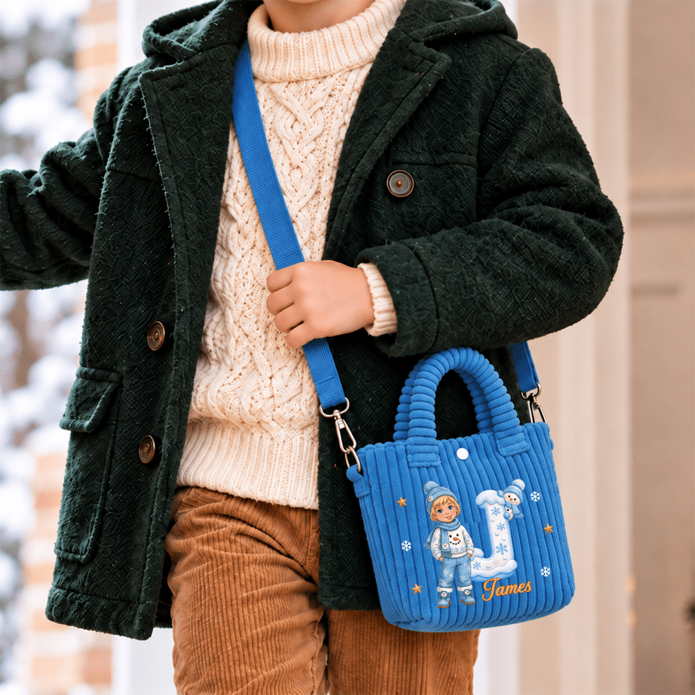 Personalised 3D-Style Art Cartoon Character Photo Corduroy Crossbody Handbag with Name and Initial Christmas Gift for Kids Boys Girls 3