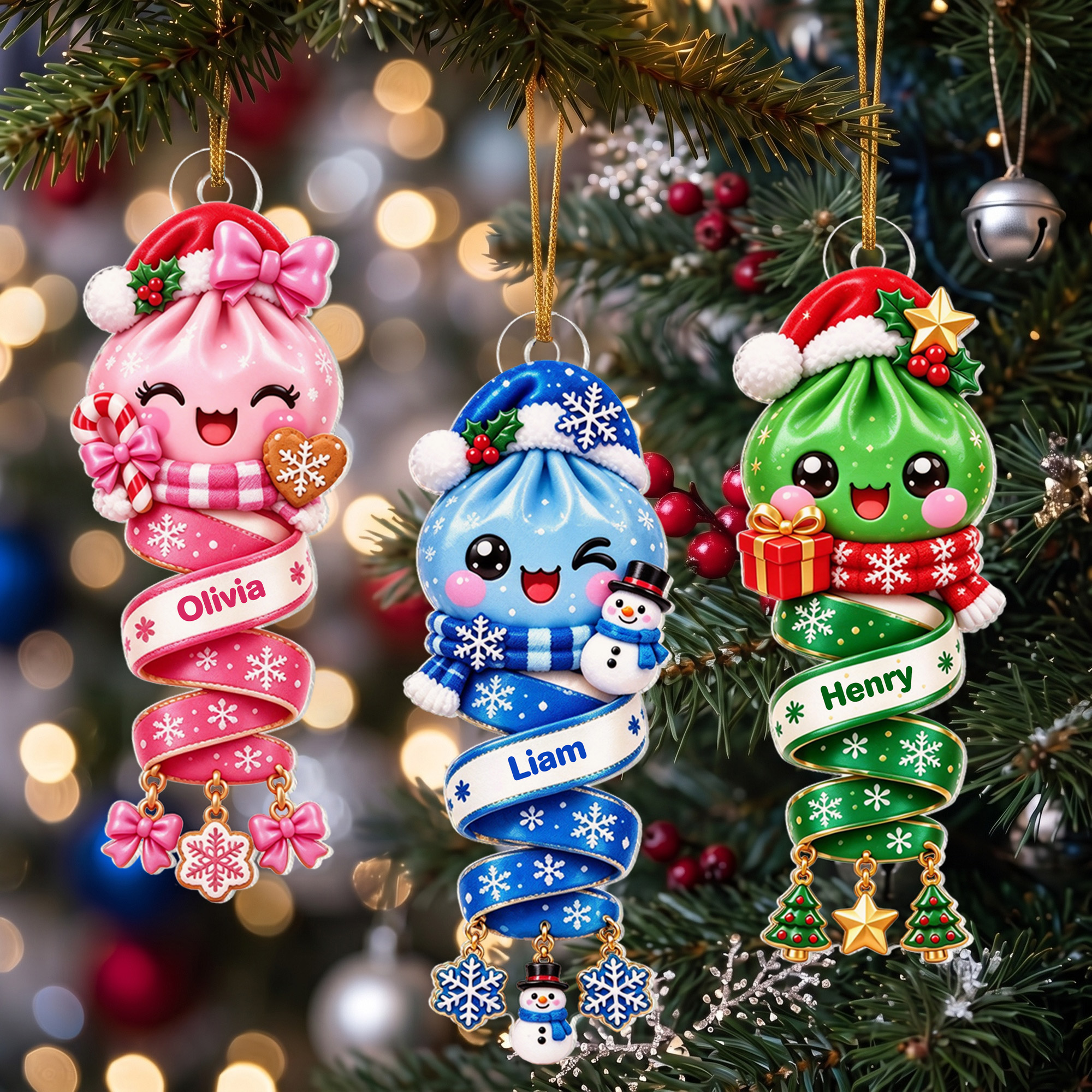 Personalised Multicolour Santa Hat Ribbon Dumpling Acrylic Hanging Ornament with Name Tree Decoration Christmas Gift for Family Kids Friends