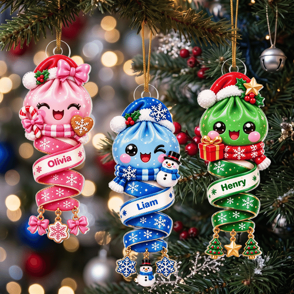 Personalisiertes, mehrfarbiges Acryl-Weihnachtsbaumschmuckstück in Form einer „Dumpling“-Mütze mit Schleife und Namen – Baumschmuck und Weihnachtsgeschenk für Familie, Kinder und Freunde