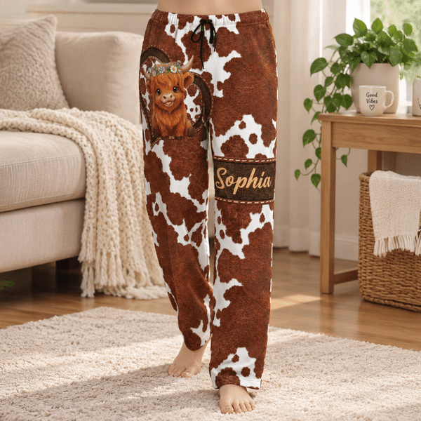 Pantalones de pijama suaves personalizados con diseño de vaca de las Highlands y nombre: regalo de cumpleaños o Navidad para el día a día, ideal para los amantes de las vacas de la familia