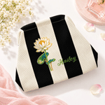 Personalized Birth Flower Stripe Pattern Large Capacity Makeup Pouch with Name Daily Use Travel Essential Birthday Gift for Women