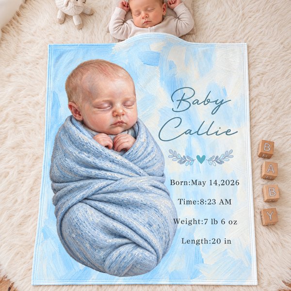 Personalised Multicolour Baby Photo Blanket with Birth Information Bedroom Decor Baby Shower Gift for Newborn Parent