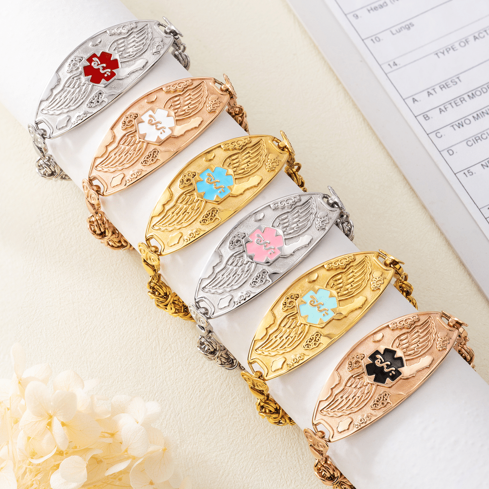Pulsera de identificación médica personalizada con alas de ángel y información médica grabada; regalo de cumpleaños para situaciones de emergencia y primeros auxilios, ideal para personas con diabetes, alergias o epilepsia 3