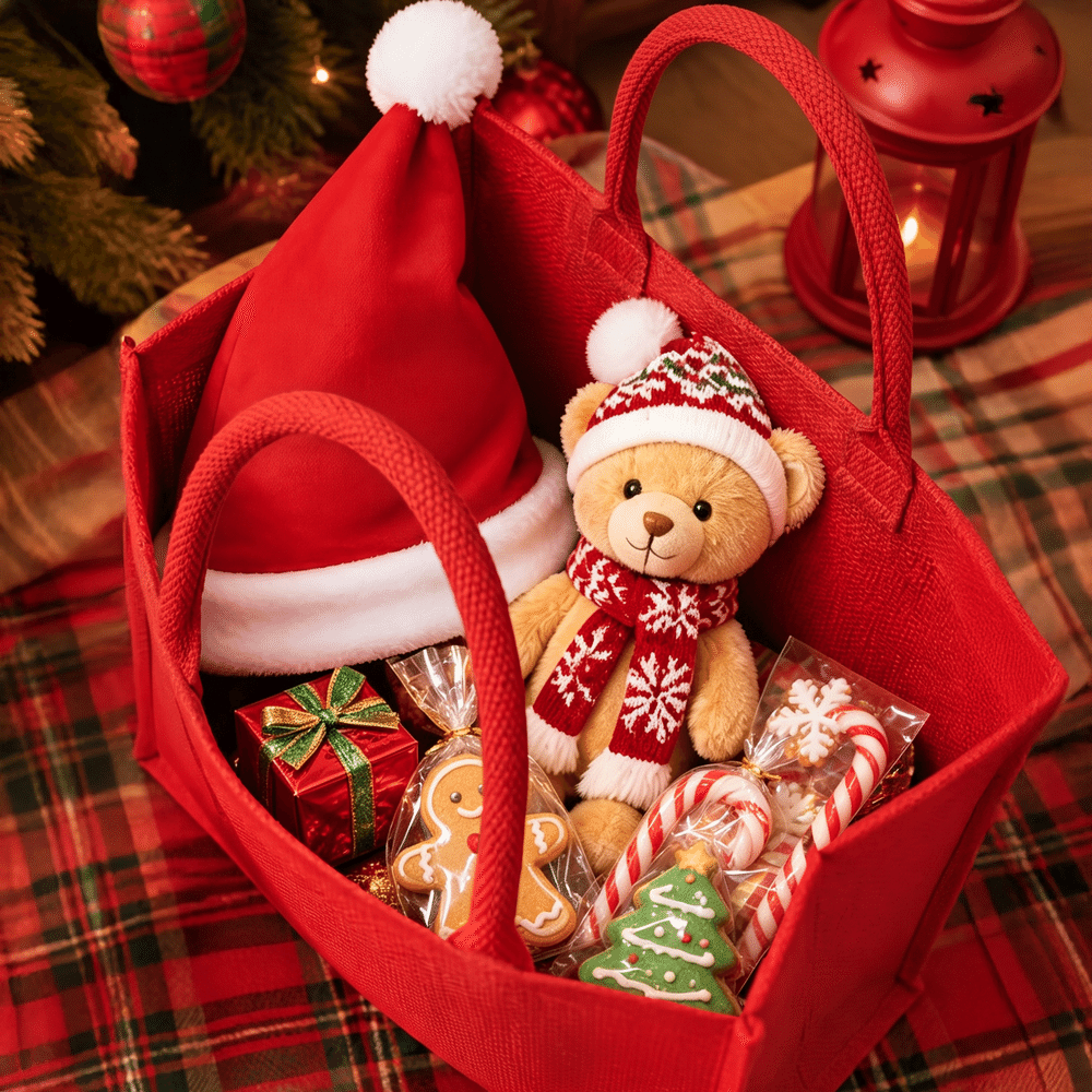 Personalized Christmas Theme Santa Snowman Reindeer Initial Red Jute Tote Bag with Name Christmas Holiday Gift for Family Friends Kids 3