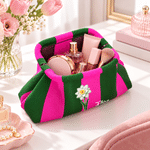Personalized Birth Flower Stripe Pattern Large Capacity Makeup Pouch with Name Daily Use Travel Essential Birthday Gift for Women