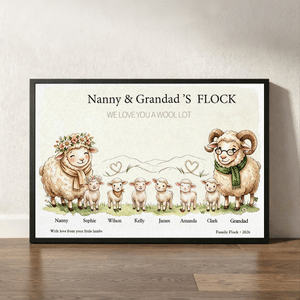 Personalized Watercolor Goat Family Canvas Poster Framed Painting with 1-10 Names and Year Wall Decor Birthday Mother's Day Gift for Grandparents
