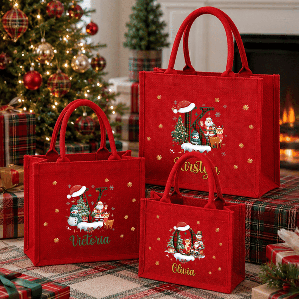 Personalized Christmas Theme Santa Snowman Reindeer Initial Red Jute Tote Bag with Name Christmas Holiday Gift for Family Friends Kids