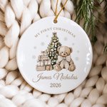 Décoration de Noël personnalisée en céramique pour sapin de Noël : ours en peluche « Premier Noël de bébé » avec prénom et année – Décoration d'intérieur et cadeau de Noël pour un nouveau-né 1