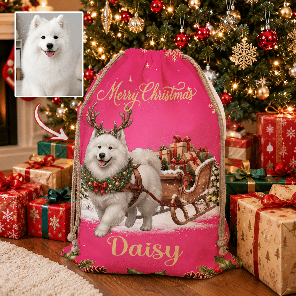 Borsa regalo personalizzata in tela con foto natalizia del proprio animale domestico su una slitta trainata da renne e cordoncino, con nome: regalo di Natale per bambini, proprietari di animali domestici e amanti degli animali 4