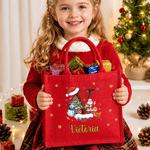 Personalized Christmas Theme Santa Snowman Reindeer Initial Red Jute Tote Bag with Name Christmas Holiday Gift for Family Friends Kids 5