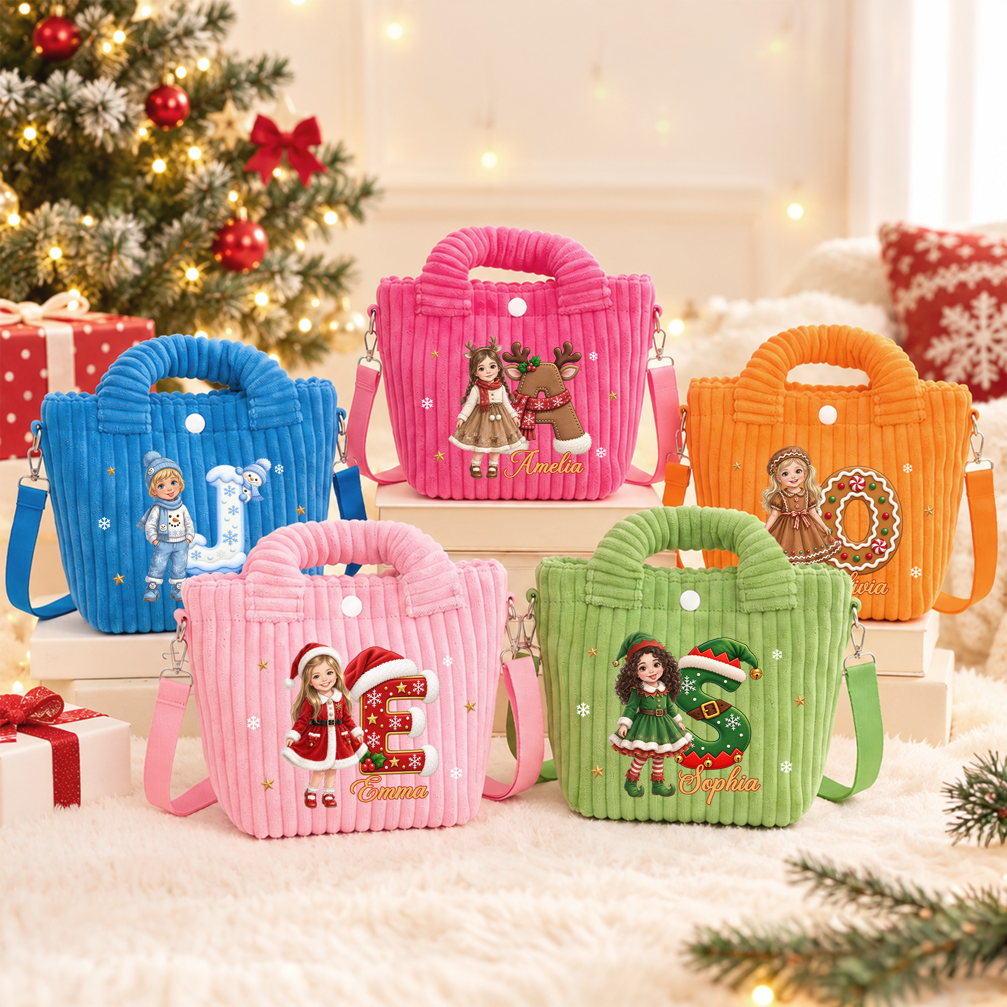 Personalized 3D-Style Art Cartoon Character Photo Corduroy Crossbody Handbag with Name and Initial Christmas Gift for Kids Boys Girls