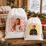 Personalised Photo Merry Christmas Reusable Canvas Drawstring Gift Bag with Name Christmas Gift for Kids Family