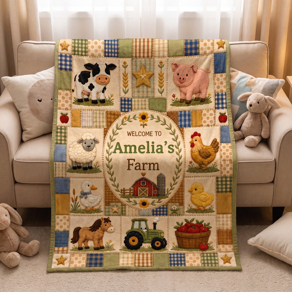 Personalised Farm Theme Cartoon Animals Soft Throw Blanket with Names Home Decor Christmas Baby Shower Birthday Gift for Newborn Parent 2