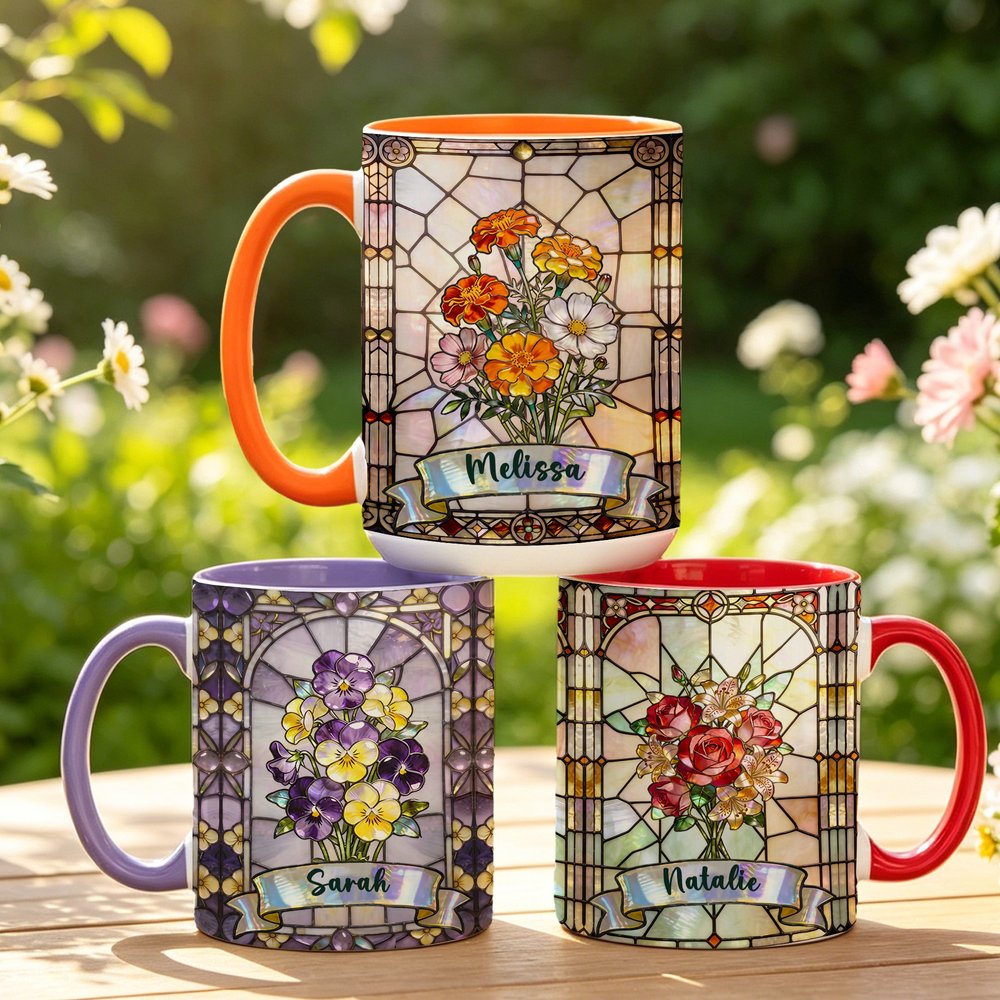 Personalised Stained Glass Birth Month Flower Mug with Coaster with Name Birthdays, Anniversaries Mother's Day Gift for Her 1