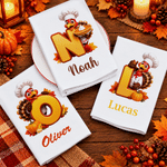 Personalized Pumpkin Leaf Chef Turkey Initial 100% Cotton Napkin with Name Thanksgiving Day Birthday Gift for Family Friends