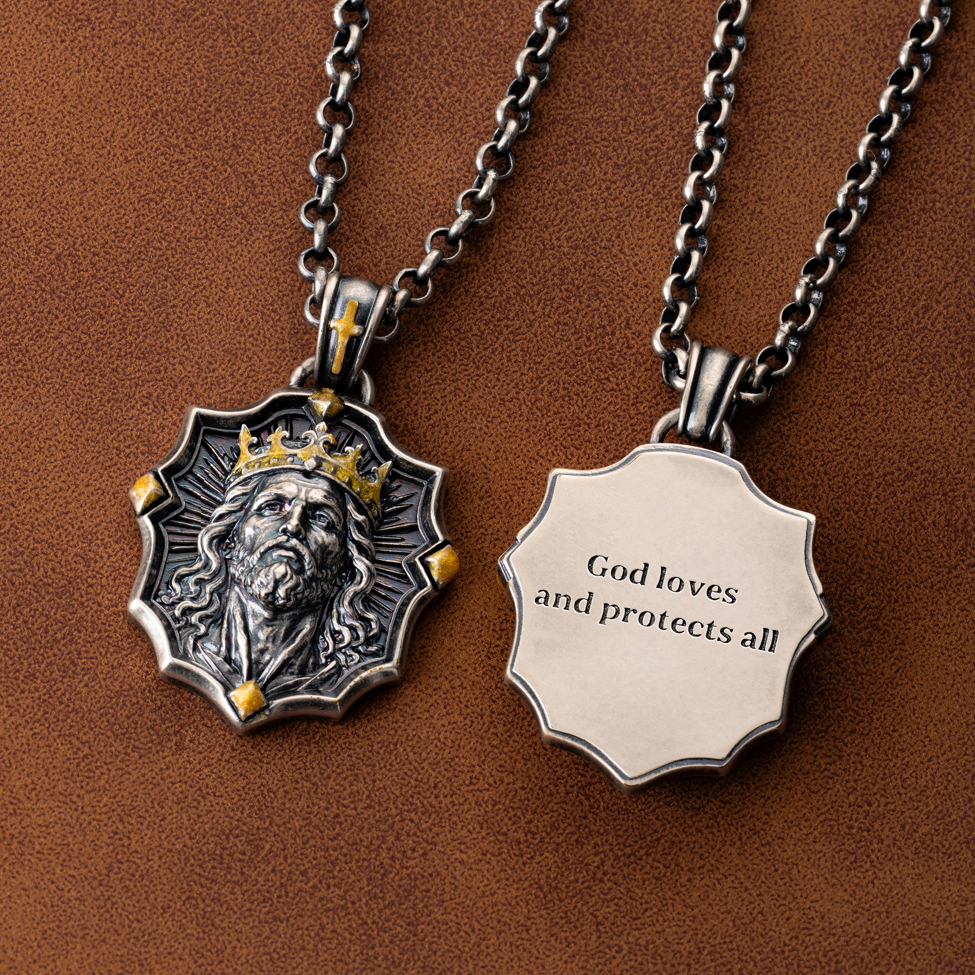 Personalized Saint Medal Element Shield-Shaped Pendant Sterling Silver Necklace with Text Christian Religious Gift for Man Dad