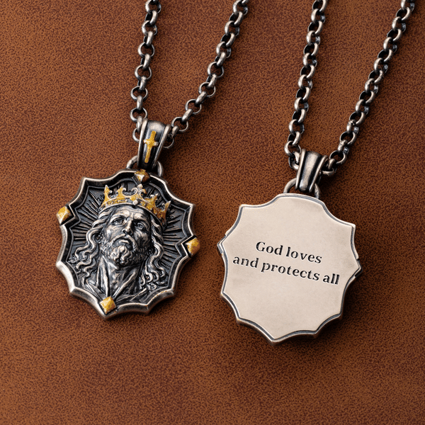 Collier en argent massif avec pendentif personnalisé en forme de bouclier orné d'une médaille de saint et d'une inscription – Cadeau religieux chrétien pour homme ou papa