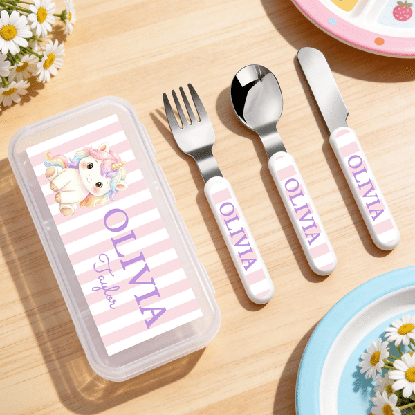 Personalised Cute Animal Name Fork Spoon Knife 3 Pcs Cutlery Set with Surname and Case Back to School Birthday Gift for Boys Girls