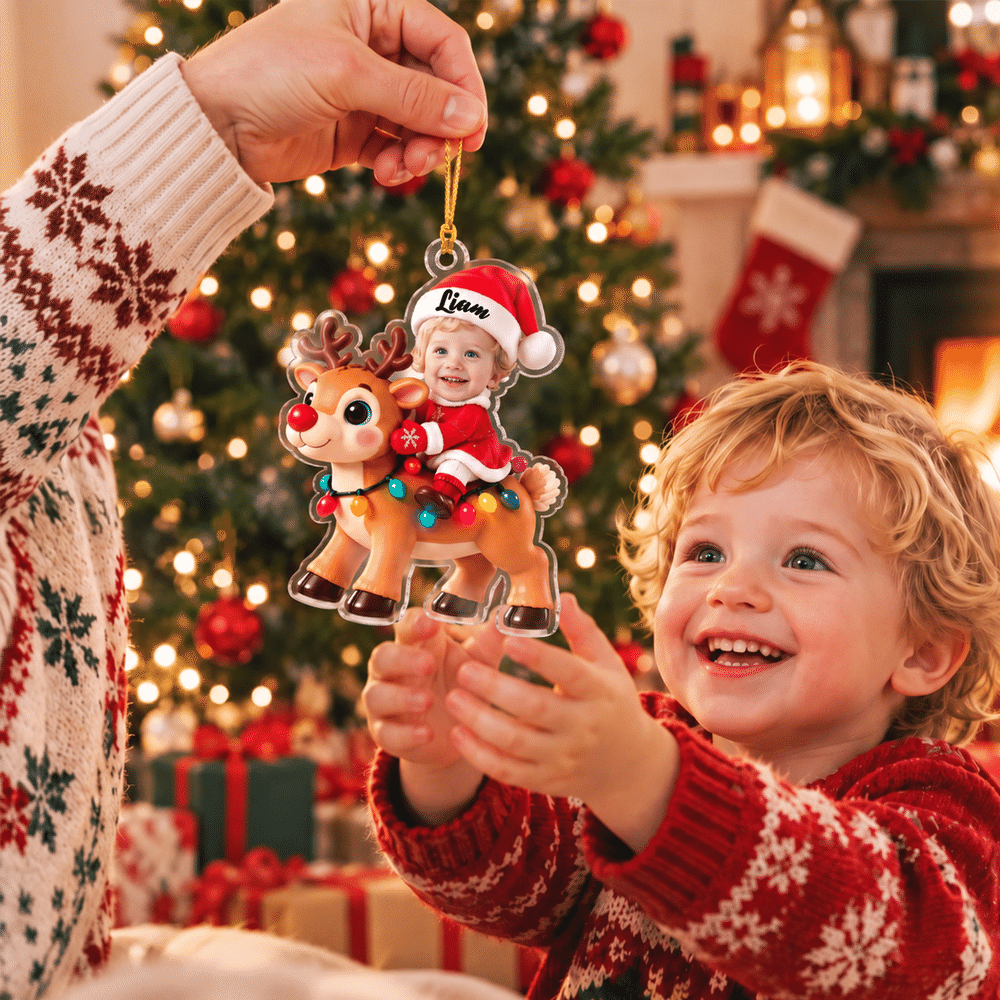 Décoration de Noël personnalisée en acrylique avec effet 3D : licorne et renne fantastiques, avec le prénom et la photo du visage de l'enfant – Décoration de sapin, cadeau de Noël pour les enfants et leurs amis 5
